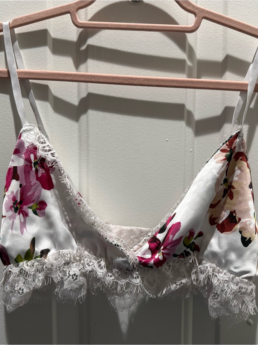Floral Lace Trim Satin Bralette & Shorts SET - White with Pink Floral